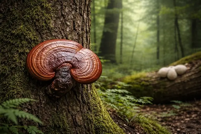 Reishi paddenstoel op een boomstam en Lion's Mane hangend aan een beukenboom