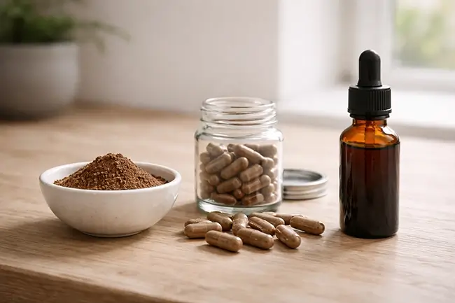 Paddenstoelen supplementen in drie vormen: een kommetje poeder, bruine capsules en een flesje tinctuur op een lichte houten