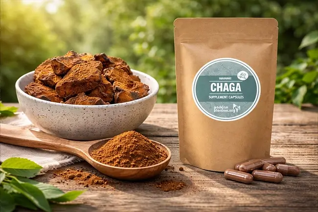 Chaga extract supplement capsules en poeder op een houten ondergrond