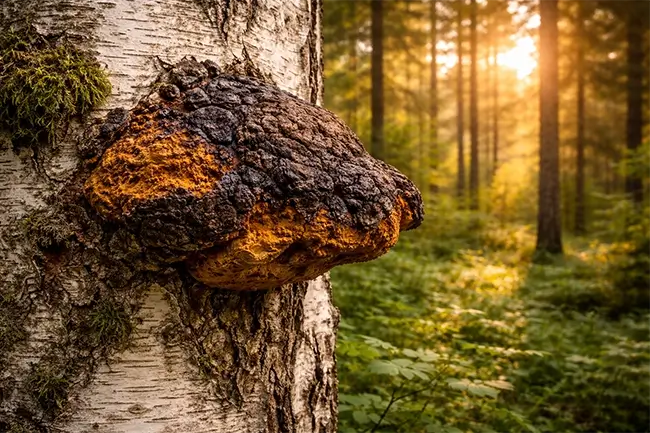 Chaga paddenstoel groeiend op een berkenboom in het bos