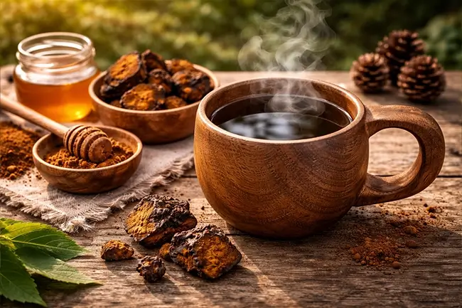 Traditionele chaga thee bereid in een houten mok op een rustieke tafel