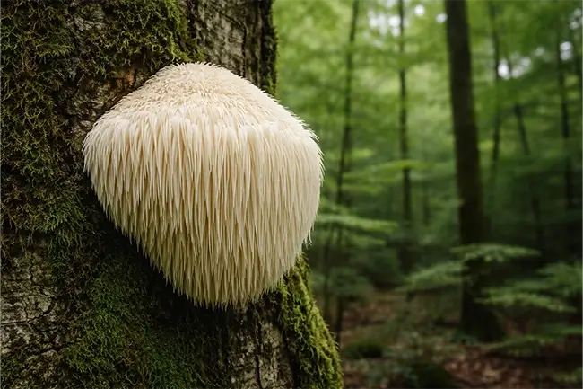 Lions Mane paddenstoel groeit op een boomstam in een vochtig bos
