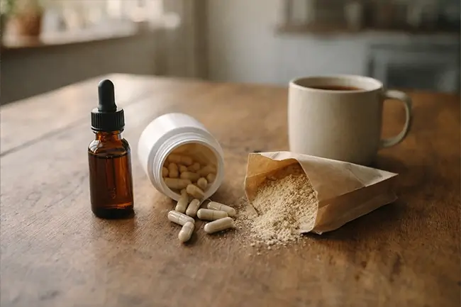 Verschillende vormen Lions Mane supplementen op een houten tafel naast een kopje thee
