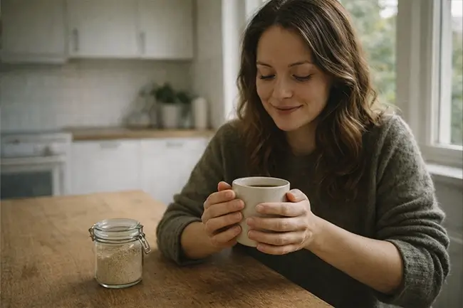 Vrouw drinkt thee met paddenstoelen poeder aan de keukentafel in ochtendlicht