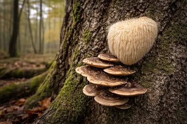 Medicinale paddenstoelen zoals Lion's mane en Chaga groeien op boomstammen in bossen