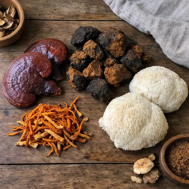 Diverse medicinale paddenstoelen op een houten tafel waaronder reishi, lion's mane en chaga