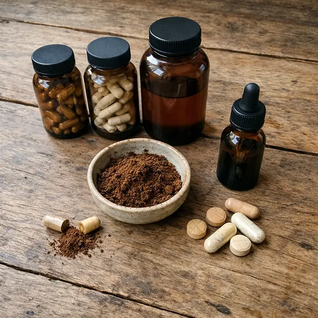 Gedroogde vruchtlichamen van medicinale paddenstoelen naast supplementcapsules op een witte achtergrond