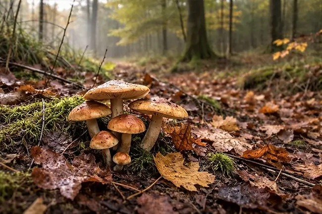 Paddenstoelen groeien in de herfst op een vochtige bosbodem vol gevallen bladeren