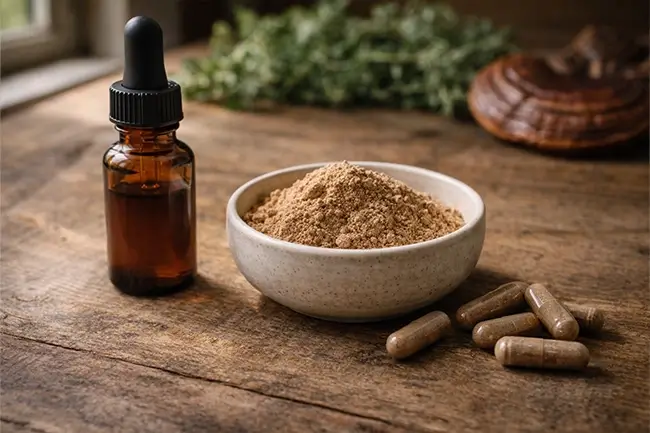 Paddenstoelen supplementen in verschillende vormen: capsules, poeder en tinctuur op een houten tafel