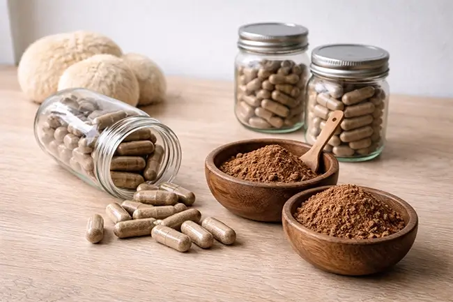 Medicinale paddenstoelen supplementen in capsule- en poedervorm naast verse paddenstoelen