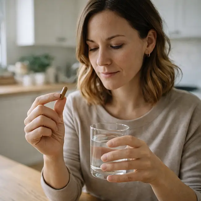 Persoon neemt paddenstoelen supplement capsule in met een glas water aan een houten keukentafel