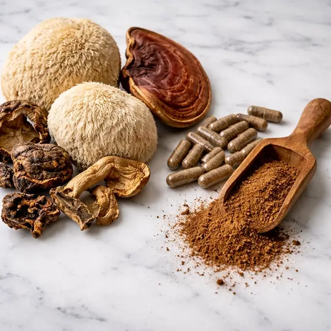 Overzicht van paddenstoelen supplementen in capsules, poeder en tinctuur op een houten tafel