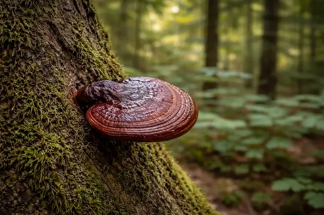 Reishi paddenstoel groeiend op een boomstam in een natuurlijke omgeving