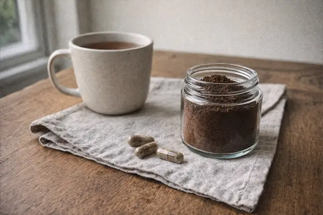 Reishi supplementen in capsules en poeder op een houten tafel