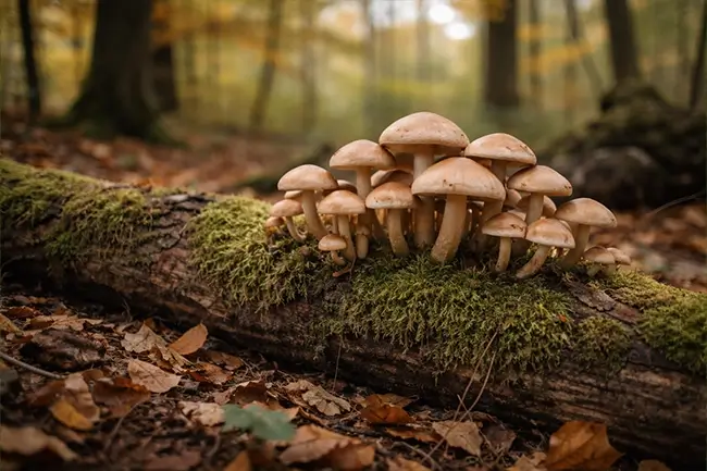 Paddenstoelen groeien op dood hout in een loofbos in de herfst