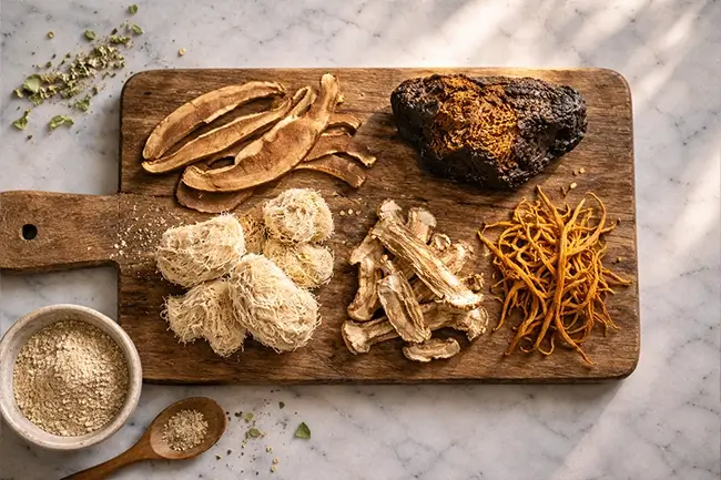 diverse adaptogene paddenstoelen op een houten plank met kruiden
