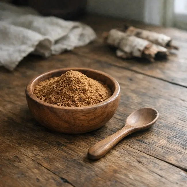 Chaga Poeder in houten kom met lepel op keukentafel