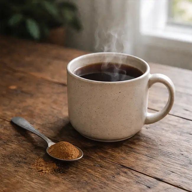 Kop chaga thee van Chaga Poeder met stoom en theelepel