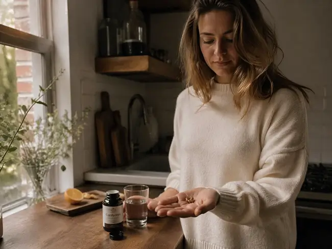 Cordyceps capsules in de hand tijdens ochtendroutine