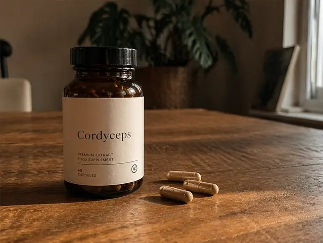 Potje cordyceps capsules met duidelijk etiket op houten tafel