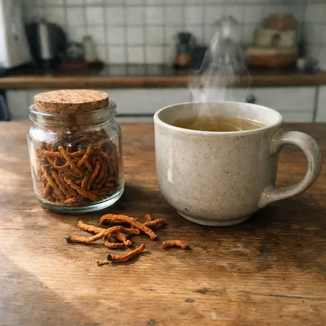Cordyceps paddenstoel supplement op een houten tafel met een kopje thee