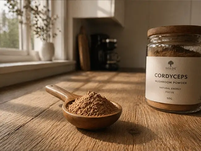 Cordyceps Poeder in een houten lepel op een keukentafel
