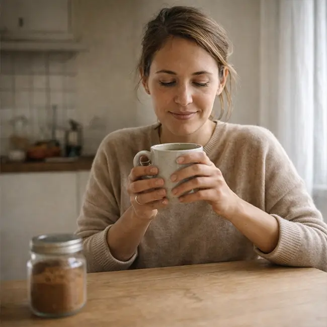 Vrouw die een warme paddenstoelendrank drinkt aan de keukentafel in ochtendlicht