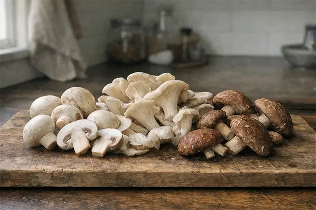 Verschillende soorten eetbare paddenstoelen op een houten snijplank in een keuken