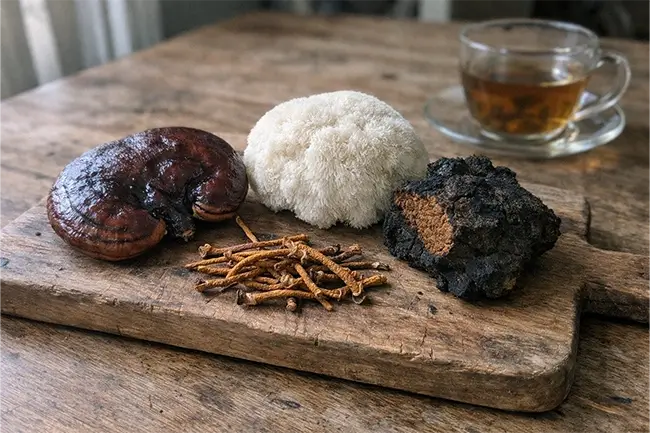 Verschillende geneeskrachtige paddenstoelen op een houten tafel, waaronder reishi, chaga en lion's mane