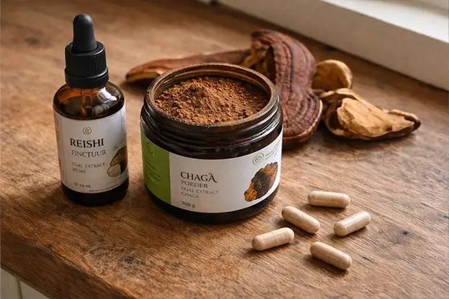 Verschillende supplementvormen van geneeskrachtige paddenstoelen, capsules en poeder naast verse paddenstoelen