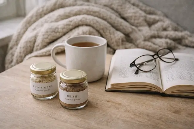 paddenstoelensupplementen naast een kop thee en een boek op een houten tafel