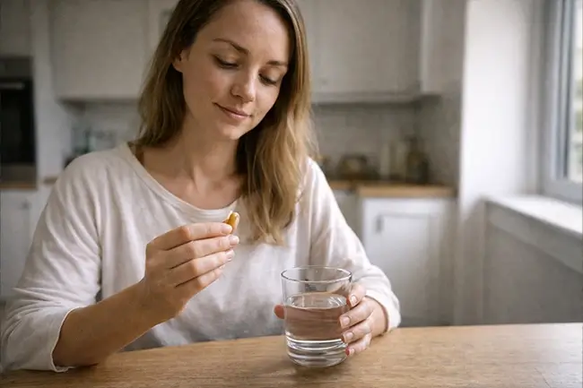 Vrouw neemt een pruikzwam capsule in met een glas water in de ochtend