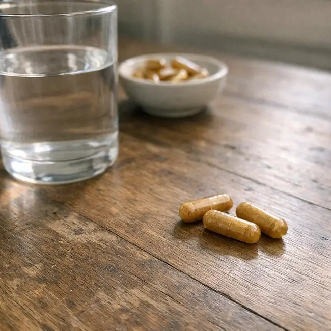 Lion's Mane capsules naast een glas water op een houten tafel