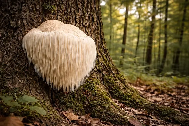 Pruikzwam paddenstoel groeiend op een boomstam in het bos