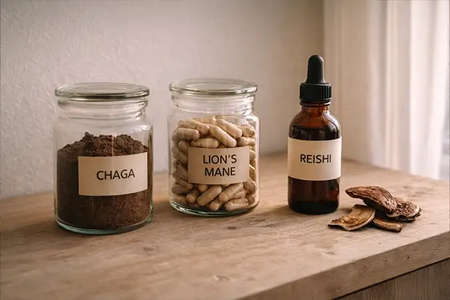 Medicinale paddenstoelen supplementen zoals Lion's Mane, Reishi en Chaga