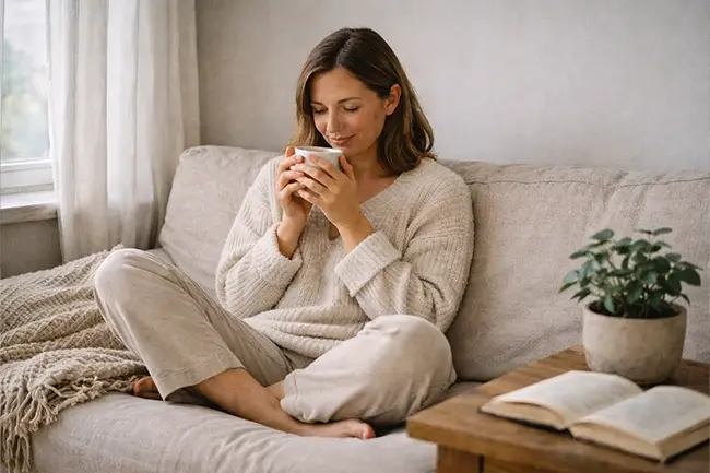 vrouw drinkt thee in een rustige omgeving als onderdeel van een holistische benadering