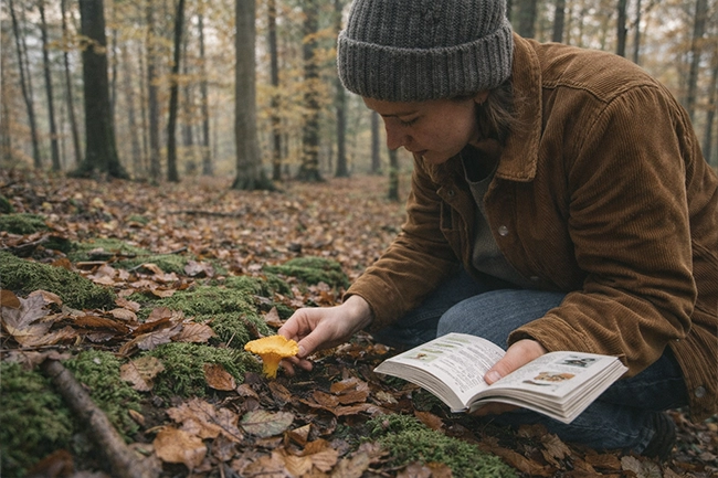 Persoon die paddenstoelen zoekt in een Nederlands bos met een determinatiegids
