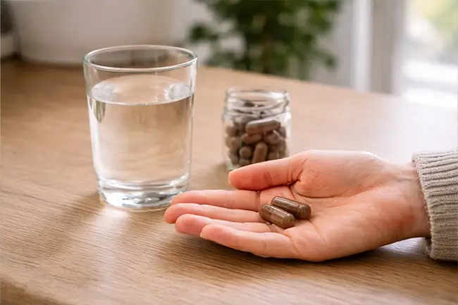 Paddenstoelen supplementen met glas water op houten aanrecht voor dagelijks gebruik