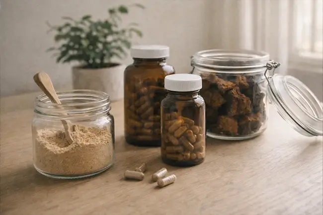 Medicinale paddenstoelen supplementen in capsules en poeder op een houten tafel