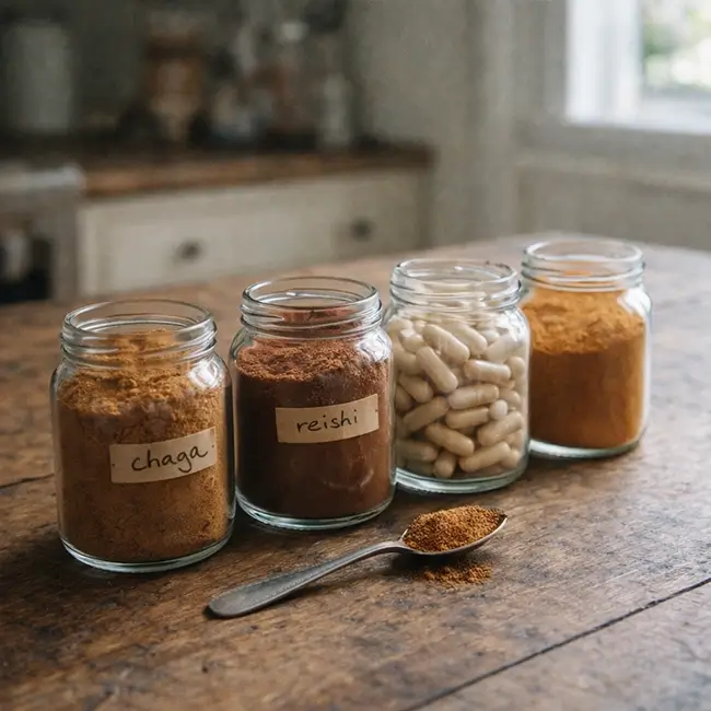 Diverse paddenstoelsupplementen poeder en capsules op houten tafel