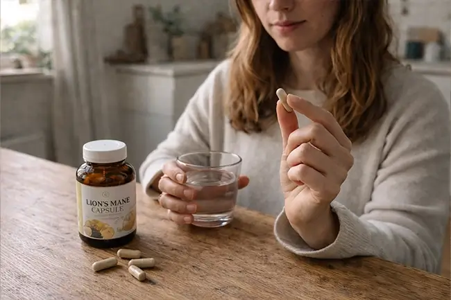 Vrouw die thuis een paddenstoelensupplement inneemt bij een kop thee