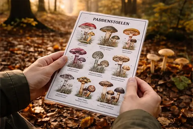 Paddenstoelen zoekkaart gebruiken in het bos om soorten te herkennen