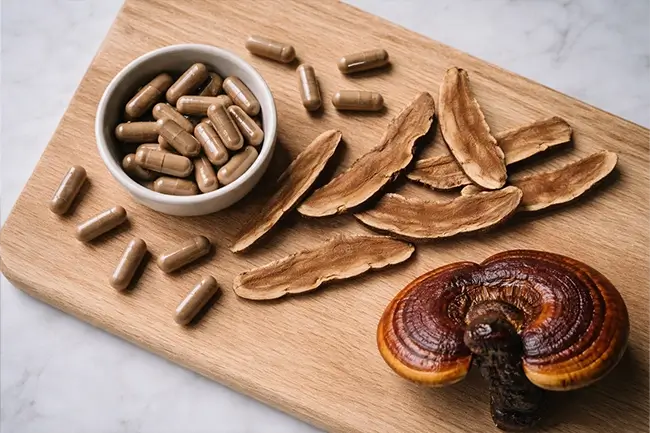 Reishi paddenstoel supplement capsules op houten tafel met verse paddenstoelen
