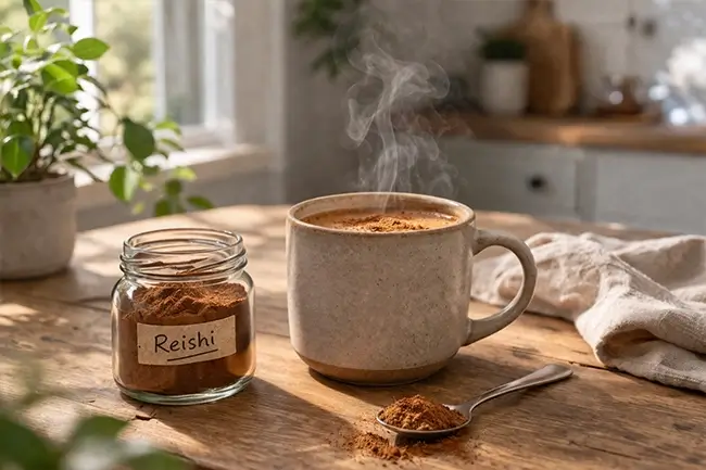 Glas warme drank met reishi poeder naast een klein glaasje reishi poeder op een keukentafel