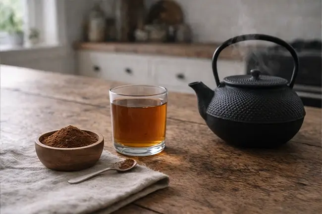 Theepot met reishi thee bereid uit reishi poeder naast houten schaaltje met poeder