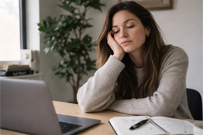 Vrouw aan bureau met vermoeidheid door stress, hoofd rustend op hand