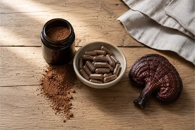 Biologische Reishi capsules en poeder op een houten ondergrond