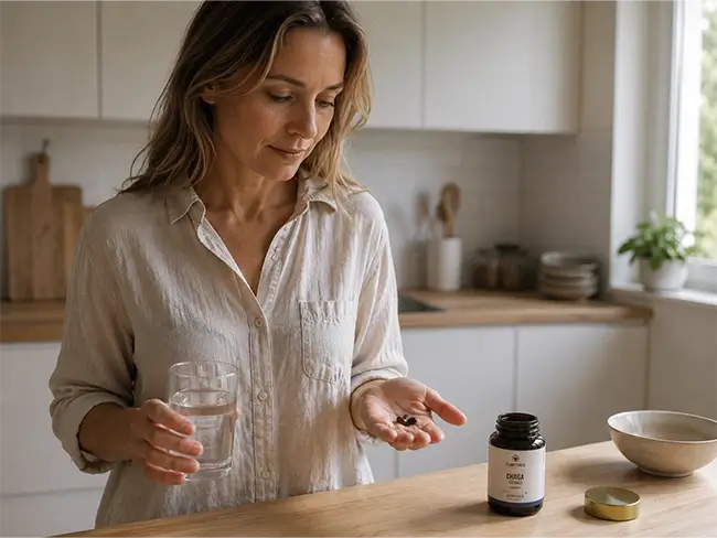Vrouw neemt chaga capsules met glas water in de keuken