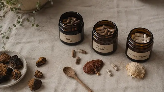 Diverse chaga capsules en paddenstoelensupplementen op een tafel