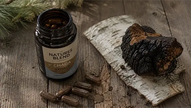 Chaga capsules op een houten ondergrond met berkenchaga ernaast